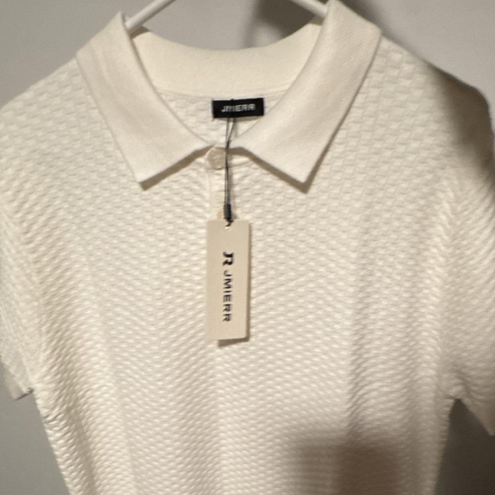 JMIERR White Geometric Textured Collared Men's Polo Shirt Short Sleeve Size L